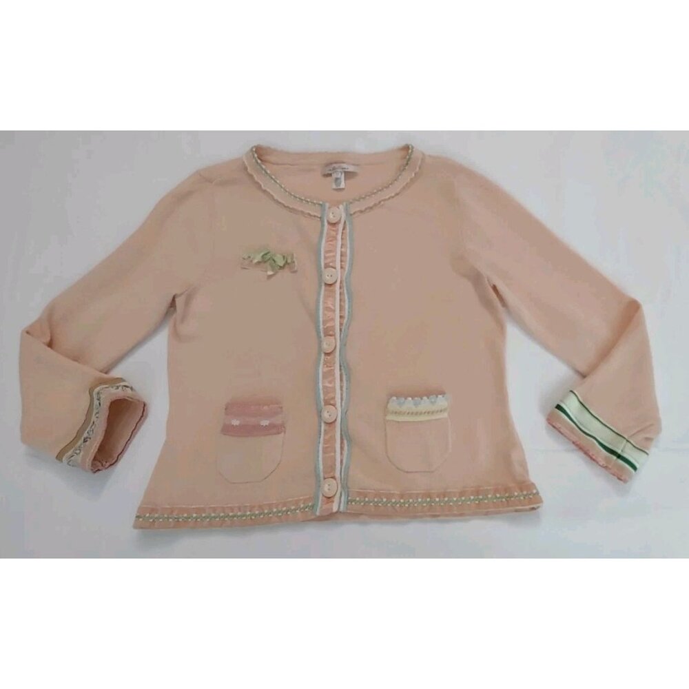 Intuitions light Peach Sweater Women knitted Cardigan Medium Lace Cottagecore
